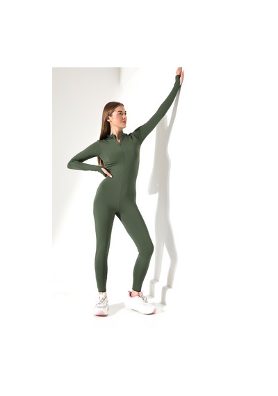Winmoda34 Kadın Dalgıç Tulum Uzun Kollu Parmak Geçirme Detaylı Spor Tulumu Haki