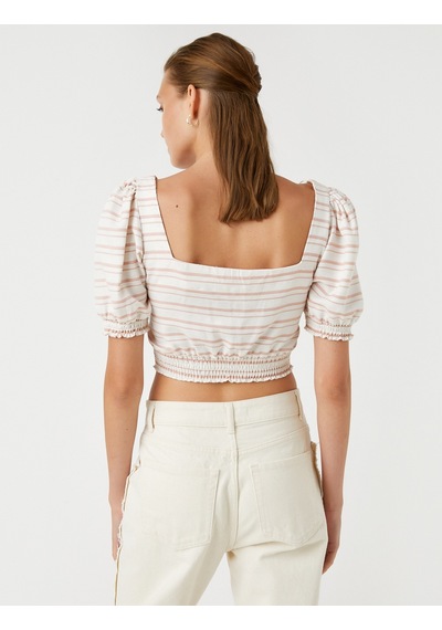 Koton Crop Bluz Beli Lastikli Turuncu Çizgili 2sak60288cw 2SAK60288CW2S0