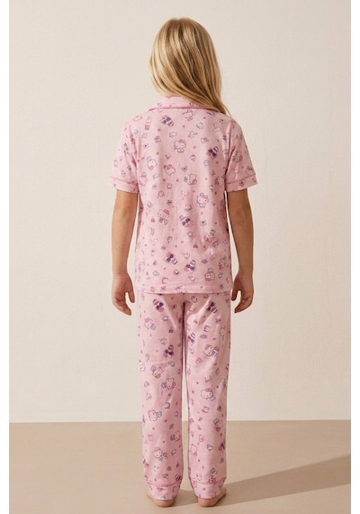 Siyah İnci Hello Kitty Lisanslı %100 Pamuk Pembe Çok Renkli Düğmeli Biyeli Pijama Takım 26120451