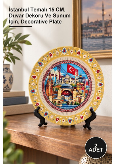 2 Adet Porselen Dekoratif Tabak İstanbul Temalı 15 Cm, Duvar Dekoru Ve Sunum İçin, Decorative Plate