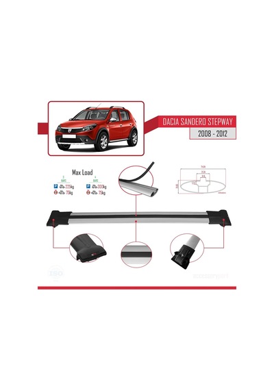 Dacia Sandero Stepway 2008-2012 Arası İle Uyumlu Fly Model Ara Atkı Tavan Barı Gri 3 Adet Bar