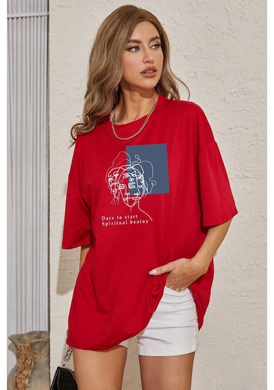 Unisex Minimal Line Drawing Baskılı Kısa Kol T-shirt Kırmızı