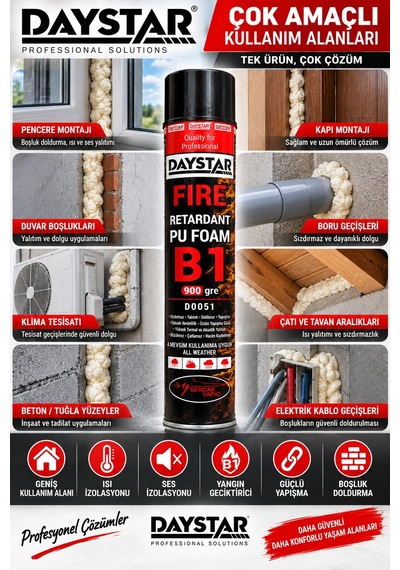 Daystar B1 Yangın Geciktirici Pu Köpük 900 Gr Isı Ve Ses Yalıtımı, Boşluk Doldurma Köpüğü
