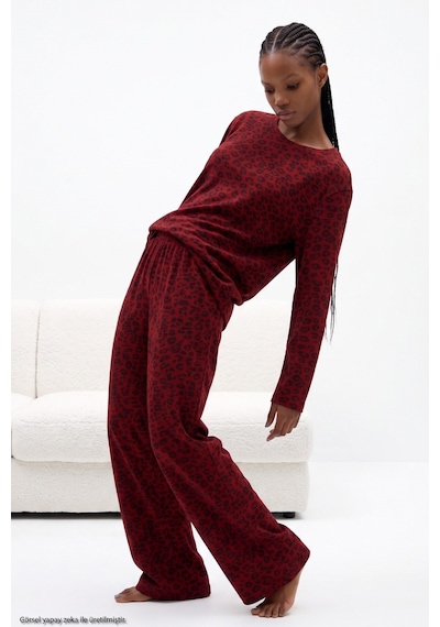 Siyah İnci Leopar Baskılı Örme Pijama Takım 8078 Bordo Leopar