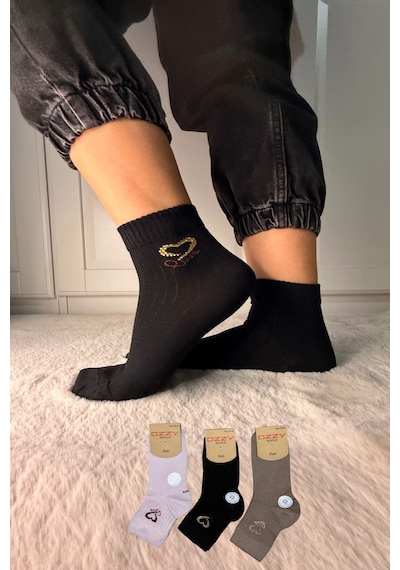 Ozzy Socks 3 Çift Kadın Taş Detaylı Dikişsiz & Takviyeli Patik Çorap Mavi