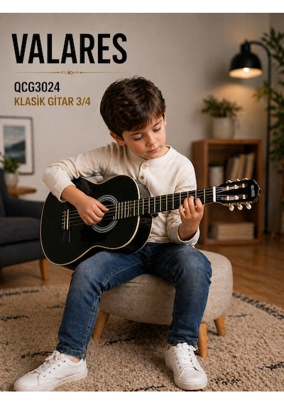 Valares Qcg3024 36 3/4 Klasik Gitar Çocuklar İçin İdeal Yumuşak Tını Kolay Çalım Çanta Ve Pena Hediye Siyah
