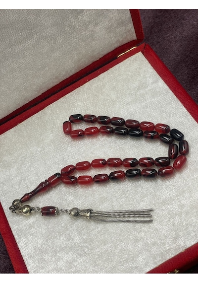 Alpaka Zincir Püsküllü Çift Renk Sıkma Kehribar Tesbih Kırmızı-siyah, 7x11 Mm