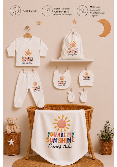 Pia Baby Kişiye Özel %100 Pamuk Kız Bebek Hastane Çıkışı Zıbın Seti 8 Parça Kese Hediyeli 2061zybkyx Krem