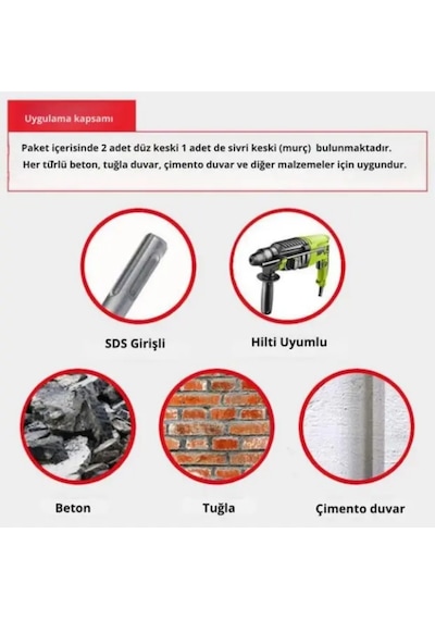 Mucit Home 3 Parça Beton Tuğla Duvar Kırma Delme Hilti Uç 25 Cm Keski Murç Seti