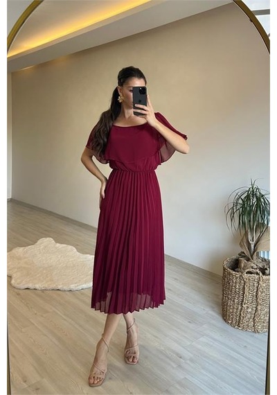 Neşeli Butik Kadın Omzu Açık Piliseli Midi Şifon Elbise Nm006 Bordo