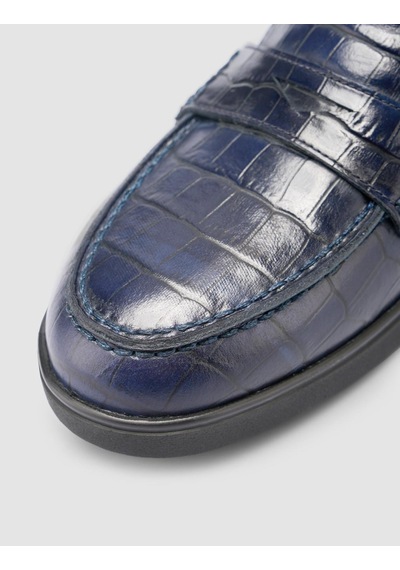 %100 Hakiki Deri Lacivert Croco Desen Kadın Loafer Lacivert
