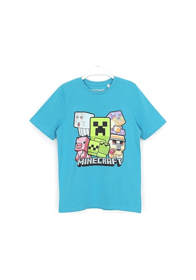 Minecraft Silikon Baskılı Erkek Çocuk T-Shirt 4 - 12 Yaş Mavi