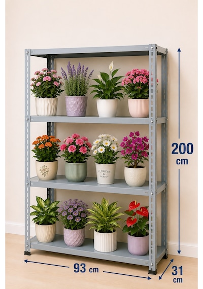 4 Katlı Çelik Raf Sistemi, Depo, Arşiv, Kiler, Dosya, Market, Çiçek, Ayakkabı Rafı 31x93x200 Cm Kalınlığı: 0,70 Mm Gri
