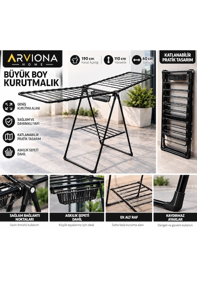 Arvıona 190 Cm Kanatlı Çamaşır Kurutmalığı Mandal Sepetli Metal Siyah