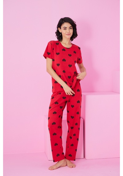 Siyah İnci Bisiklet Yaka Örme Pijama Takım Kırmızı Siyah Kalp