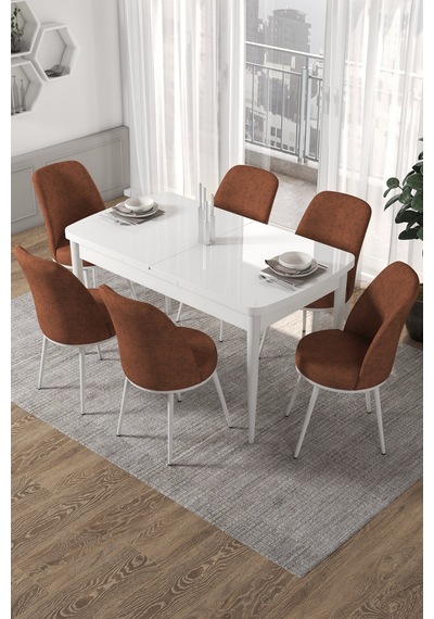Canisa Concept Kor Serisi 70x114 Açılabilir Beyaz Mutfak Masası Takımı-6 Adet Kiremit Sandalye Masalar Beyaz Sandalyeler Kiremit