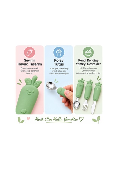 Yeşil Renk Figürlü Premium Çocuk Bpa Free Paslanmaz Çelik Uçlu Çatal-kaşık-bıçak Set 12+ Ay
