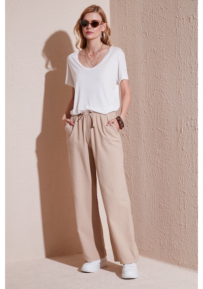 Lela Pamuklu Relaxed Fit Yüksek Bel Bol Paça Bayan Pantolon 668Yp5118 Camel