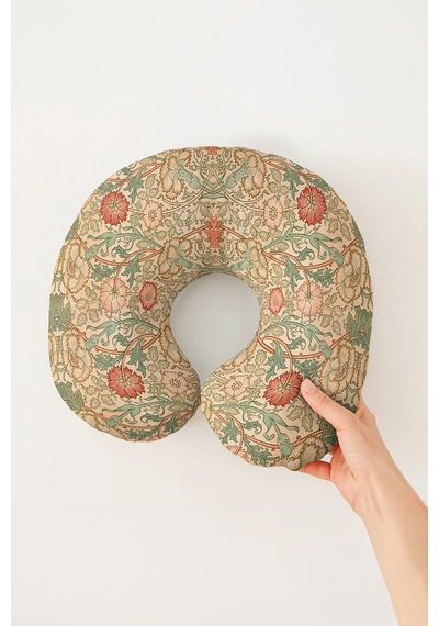 Vintage Çiçek Desenli Ergonomik Boyun Yastığı - Klasik Sanat Stili Yeşil Krem Seyahat Yastığı Soluk Yosunlu Bal