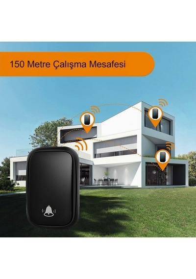 Plentiful Su Geçirmez Kablosuz Kapı Zili Pil Gerektirmez Siyah 150metre