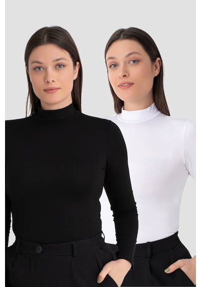 Arma Yıldız Kadın Beyaz - Siyah Balıkçı Yaka Uzun Kollu Body 2'li Paket Beyaz - Siyah
