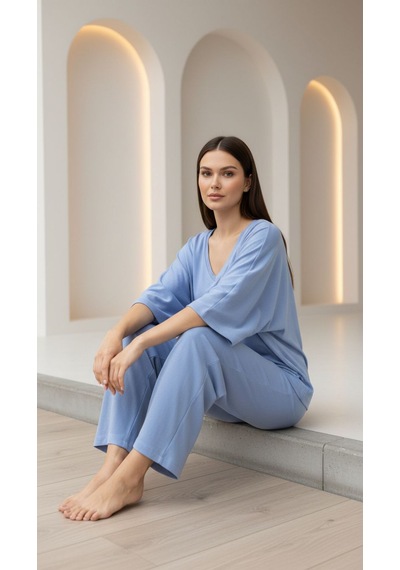 Divinus Bol Kesim V Yaka Yarım Kollu Pijama Takımı Mavi