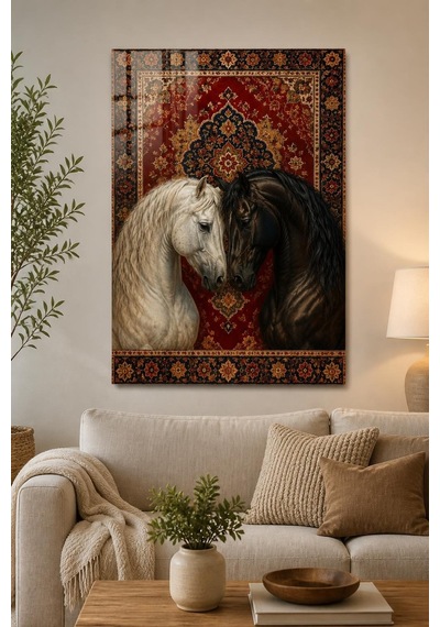 Osmanlı Motifli At Figürlü Baskılı Cam Tablo Dekoratif Duvar Tablosu