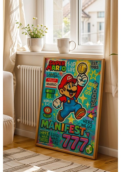 Super Mario Çerçeveli Tablo Manifest 777 Gamer Arkadaşa Hediye Street Art
