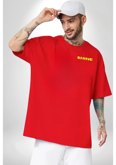 Parlayan Siyah Kedi Kırmızı Oversize Unisex Ön Ve Sırt Baskılı Tişört Kırmızı
