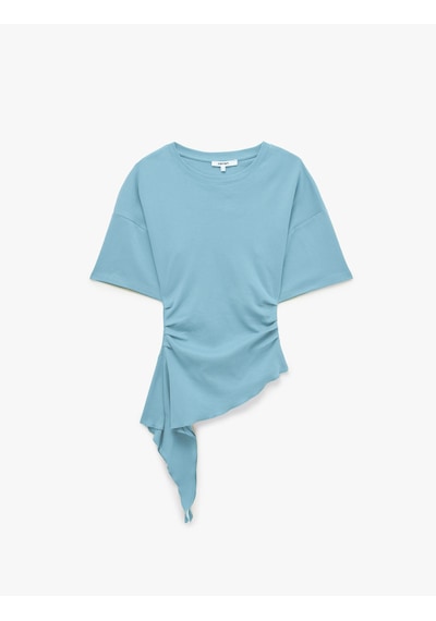 Koton Pamuklu Slim Fit Kısa Kollu Fırfırlı Drapeli Asimetrik Kesim Tişört Mavi 7wak50079ek