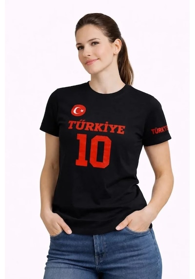 Dogutrend Türkiye Ay Yıldız Baskılı 10 Numara Forma Tişört Taraftar T-shirt - Siyah