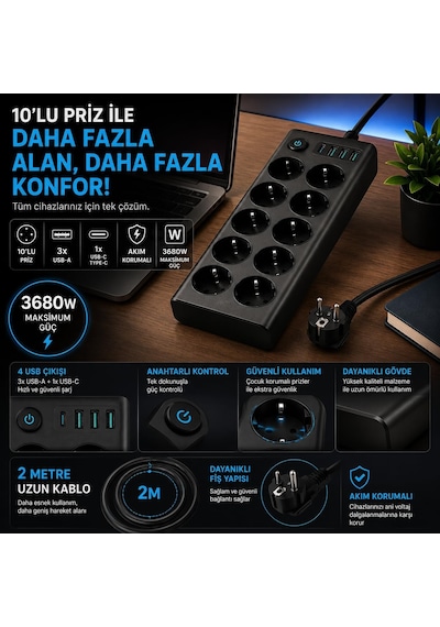 Smaylıng 10 Lu Akım Korumalı Priz 3680w 3 Usb-a + 1 Usb-c Girişli Çoklu Grup Priz Anahtarlı 2 Metre Uzatma Kablosu Çocuk Korumalı Çoklu Priz Siyah