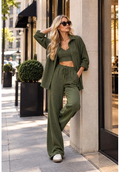 Tencelle Woman Kadın Haki Örme 3 Lü Takım Gömlek Büstiyer Ve Bol Paça Pantolon Set