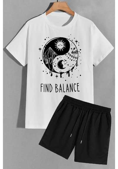 Uyguntarz Ying Yang Şort T-shirt Eşofman Takımı Beyaz
