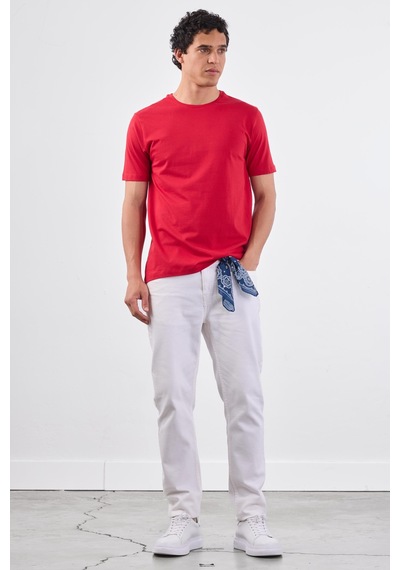 Dufy Kırmızı Bisiklet Yaka Pamuklu Düz Renk Slim Fit Erkek T-shirt Kırmızı