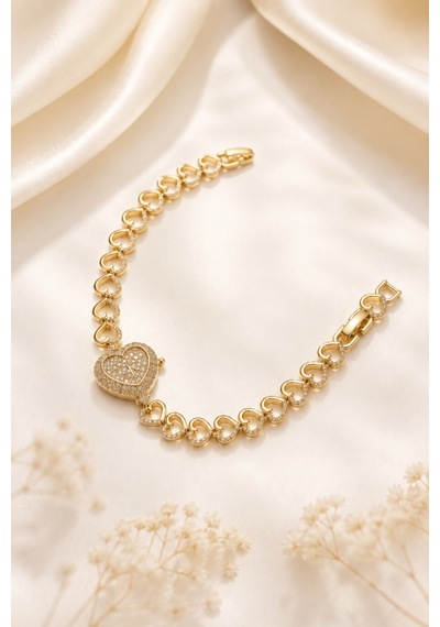 Balenbi Jewelry Kadın Taşlı Büyük Kalp Figürlü Kalp Zincir Kararmaz Çelik Bileklik 14k Gold 1140 Altın