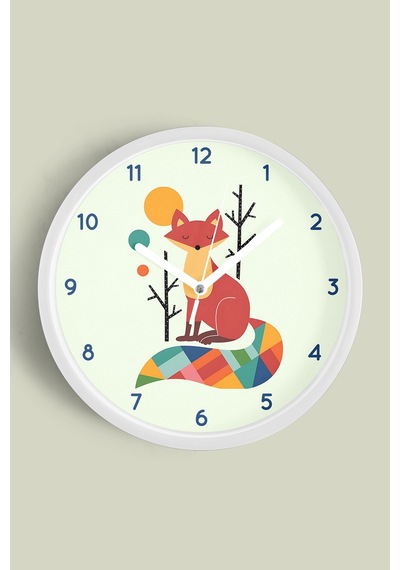 Sevimli Tilki Temalı Çocuk Odası Modern Duvar Saati - 30cm - Önü Camlı Beyaz Kasa - Sessiz Mekanizma Beyaz