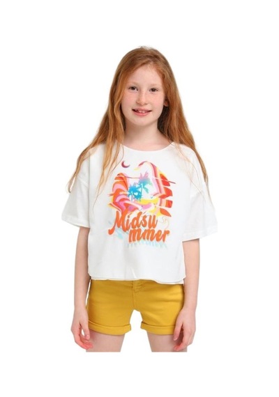 Escabel Kız Çocuk Pamuklu Kabartma Yazılı Tshirt-12811 Krem