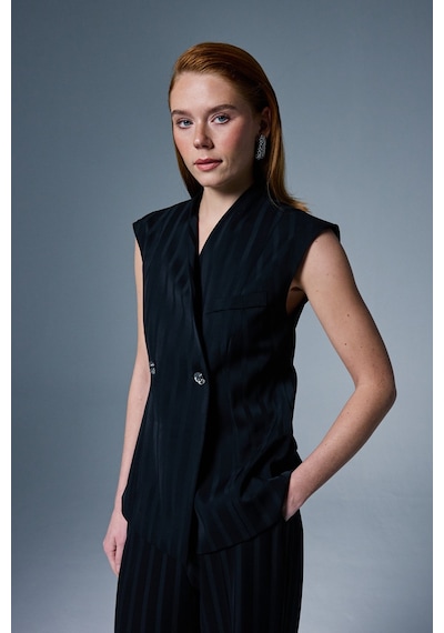 Sateen Anna Çizgili Yelek - Siyah-137101 Siyah