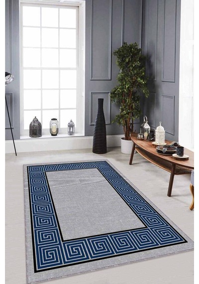 Lacivert Çerçeveli Kaymaz Tabanlı Dekoratif Halı Rv047n11