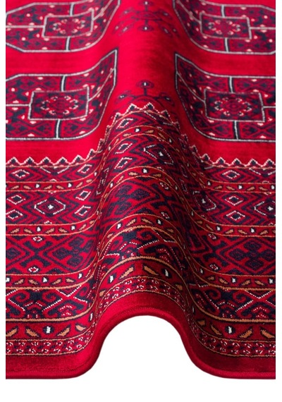 Eko Halı Herat Her 02 Red Afgan Desenli Viskon Sıkı Dokuma Kaymaz Tabanlı İnce Makine Halısı Kırmızı