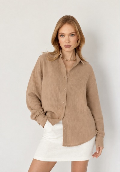 Manche Yıkamalı %100 Pamuk Müslin Oversize Gömlek - Vizon Mks165030-01