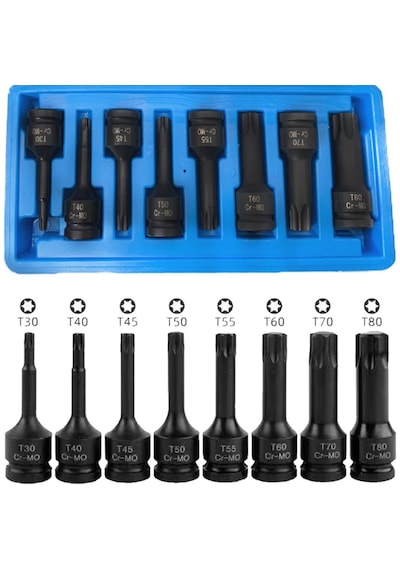 8 Parça 1/2 Havalı Darbeli Torx Lokma Seti T30-t40-t45-t50-t55-t