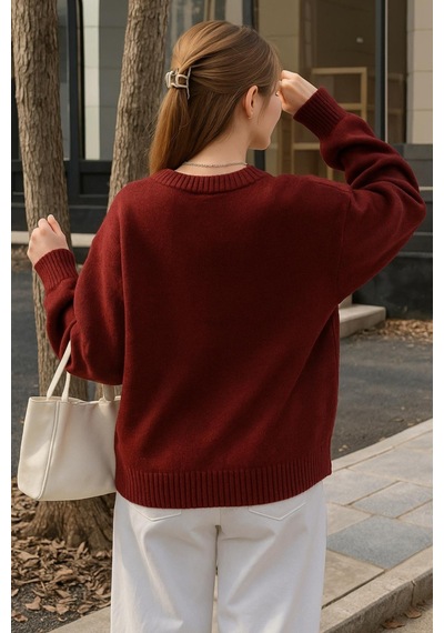 Fashion Friends Bisiklet Yaka Nakışlı Bordo Kadın Kazak 25k0314k1