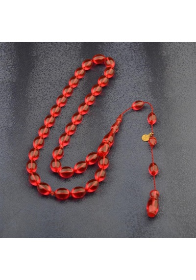 Sistem Püsküllü 11x8 Mm İmzalı Ateş Kehribar Tesbih Kırmızı
