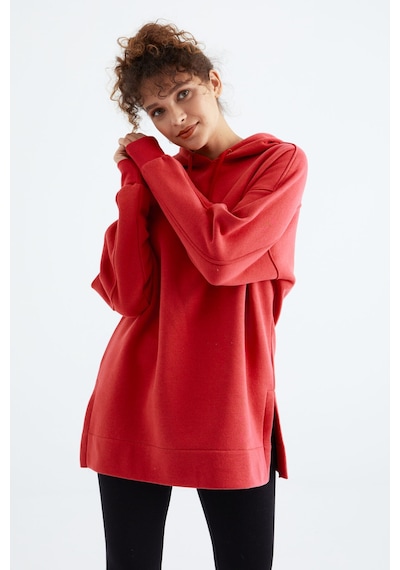 Tommy Life Fiesta Reglan Kol Basic Kapüşonlu Oversize Sweatshirt Tunik - 97242 Kırmızı