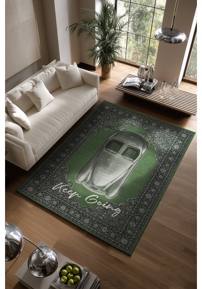 Retro 105 Yeşil Vintage Retro Araba Figürlü Makinede Yıkanabilir Halı Salon Oturma Ev Oda Halısı