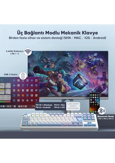 Aula F87 Pro Mekanik Rgb Tkl Graywood V4 Switch Kablosuz Makrolu Hot Swap Türkçe Q Klavye Buz Mavisi