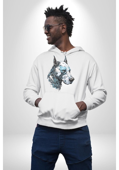 Robot Cyborg Köpek Doberman Kadın Erkek Beyaz Kapüşonlu Sweatshirt Hoodie Beyaz