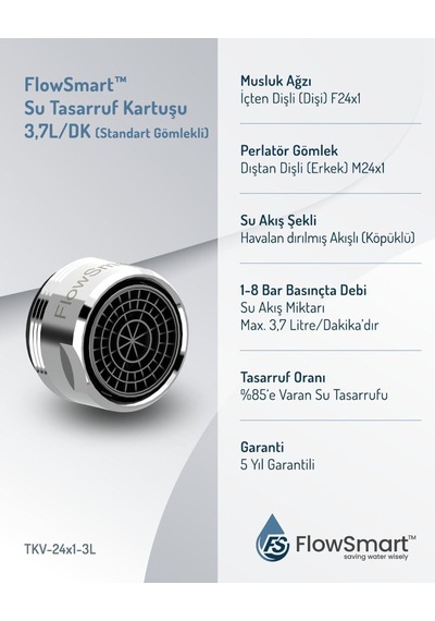 Flowsmart Su Tasarruflu Aeratör 3,7 L/dk %85 E Varan Su Tasarrufu F24 Miks & Kuğu Batarya Uyumlu